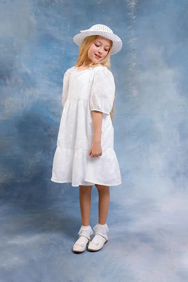 Детское платье для девочек с принтом Leaf Patterned Balloon Sleeve Brode Dress With Hat Perendi, White — фото 3