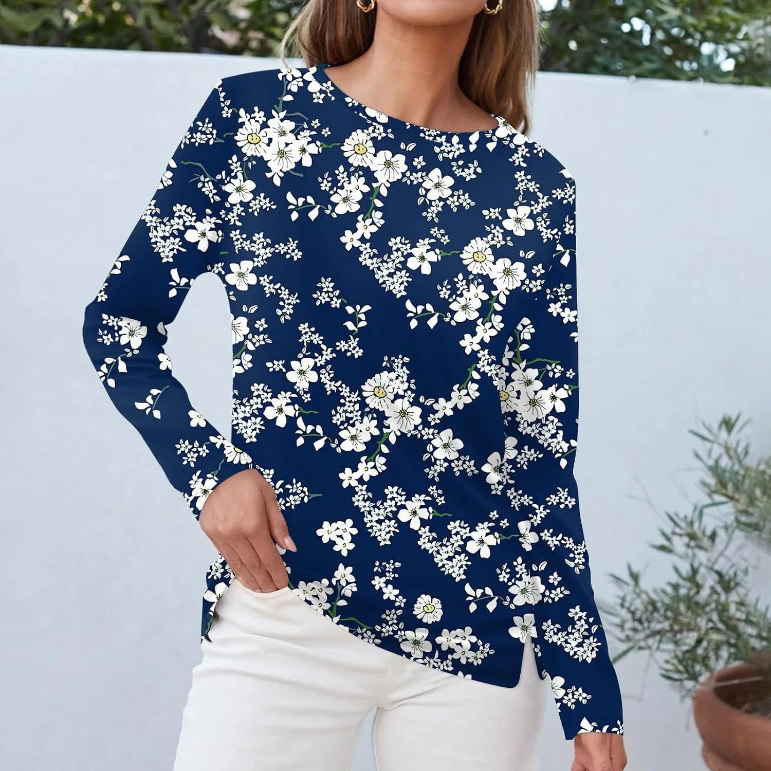 Женская футболка с длинным рукавом с цветочным принтом Generic, Royal Blue — фото 3