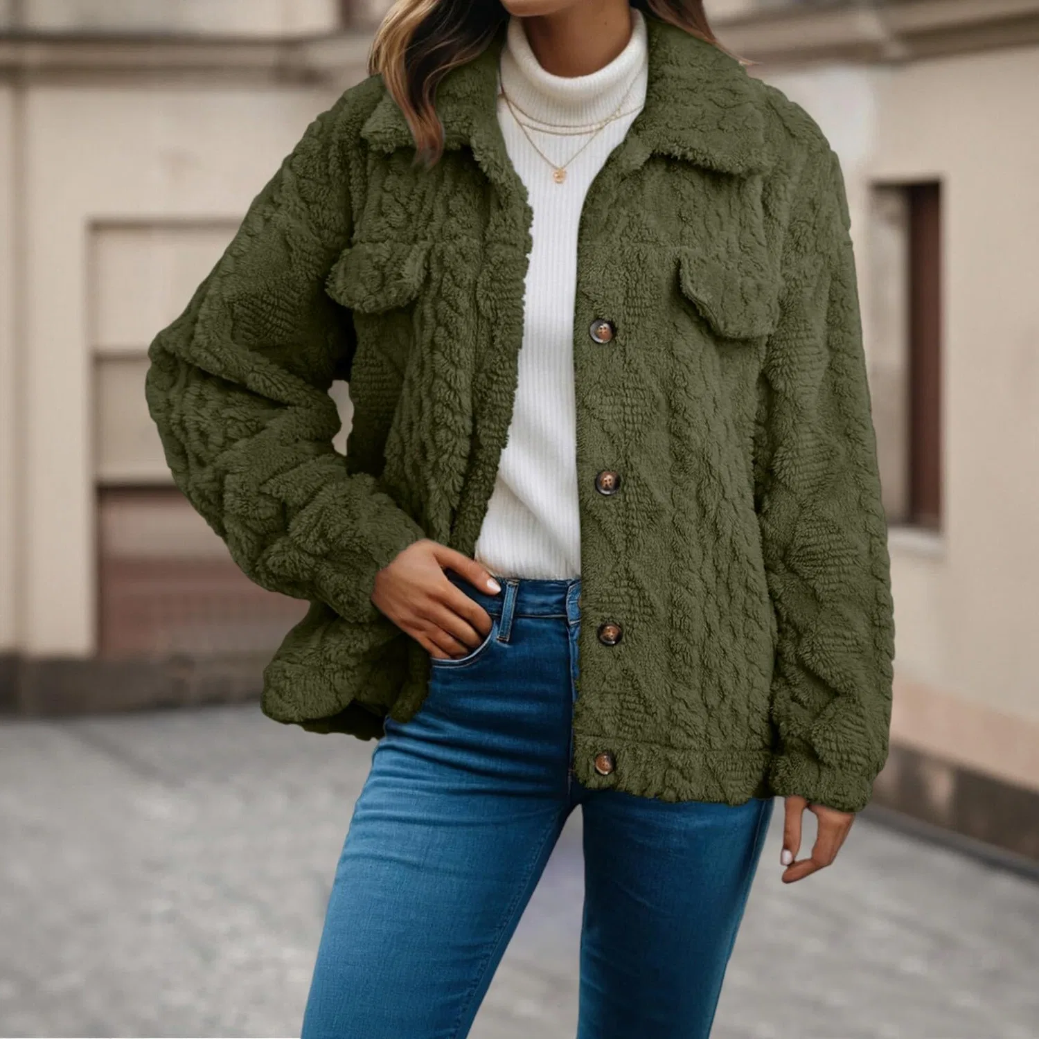 Женское утепленное пальто из флиса с отворотом, Teddy, Verde Scuro — фото 2