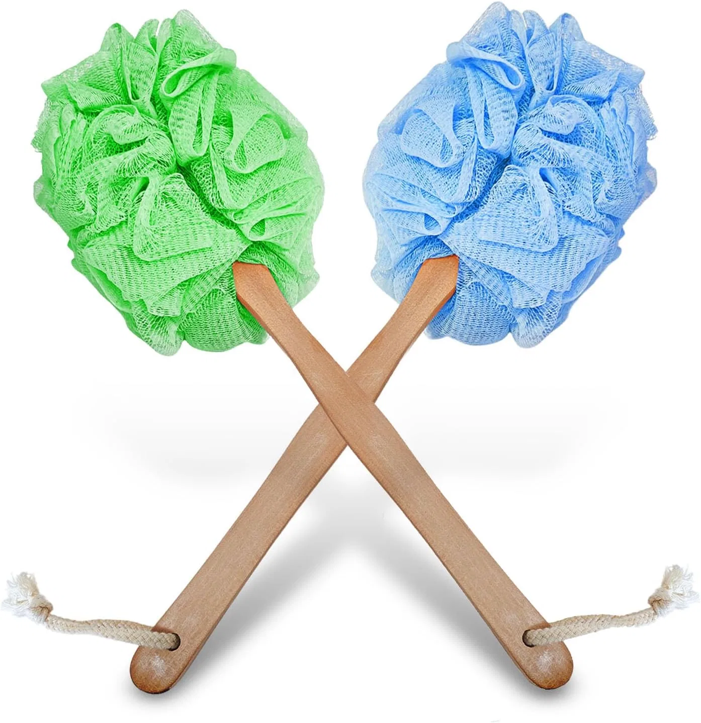 Мочалка для душа с ручкой, эксфолиирующая, 2 шт, KT Deals, Blue/Green