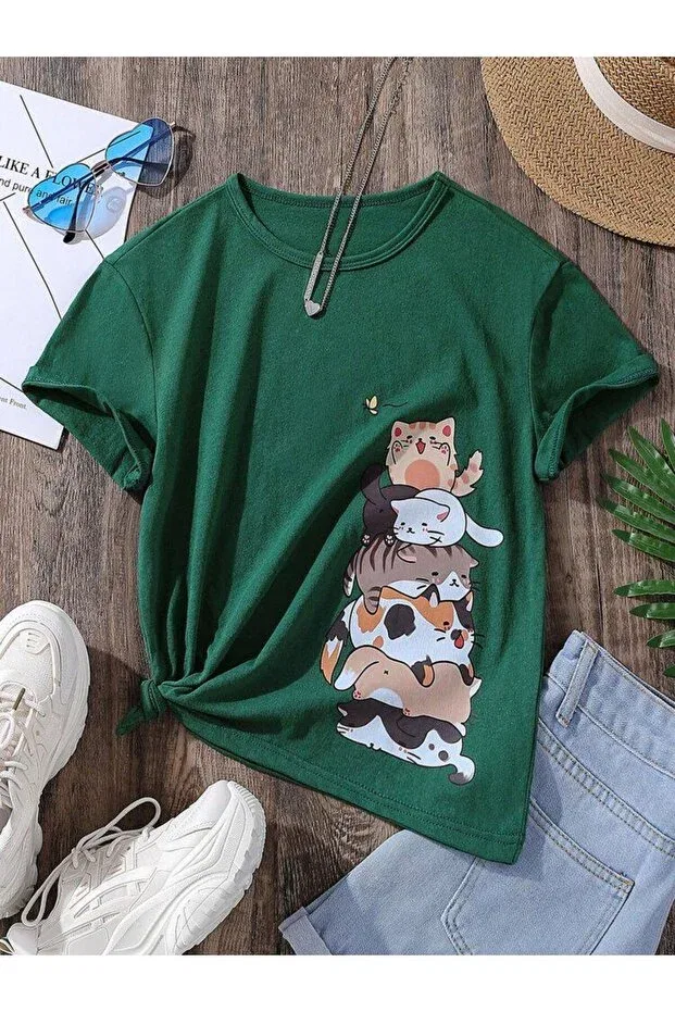 Детская футболка для девочек с принтом Cat Printed Children's T-Shirt Benroma, Green