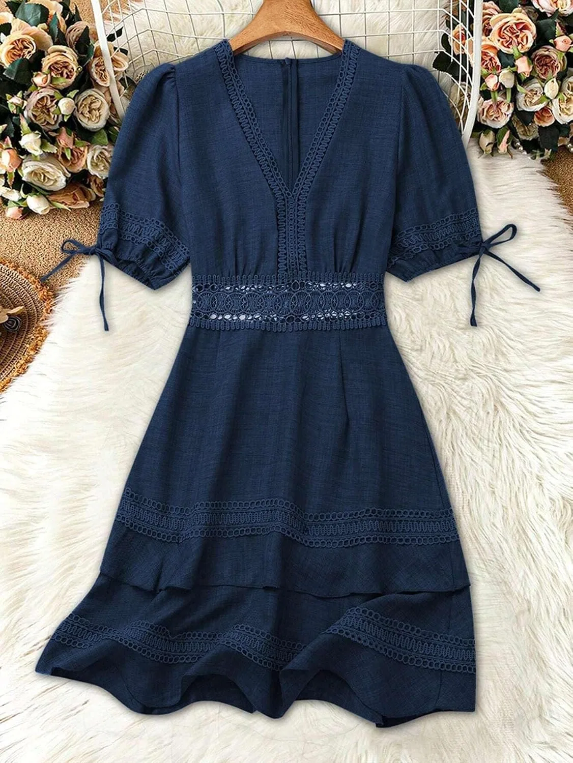 Женское платье А-силуэта с кружевом V-образным вырезом и воланами, Navy Blue — фото 4