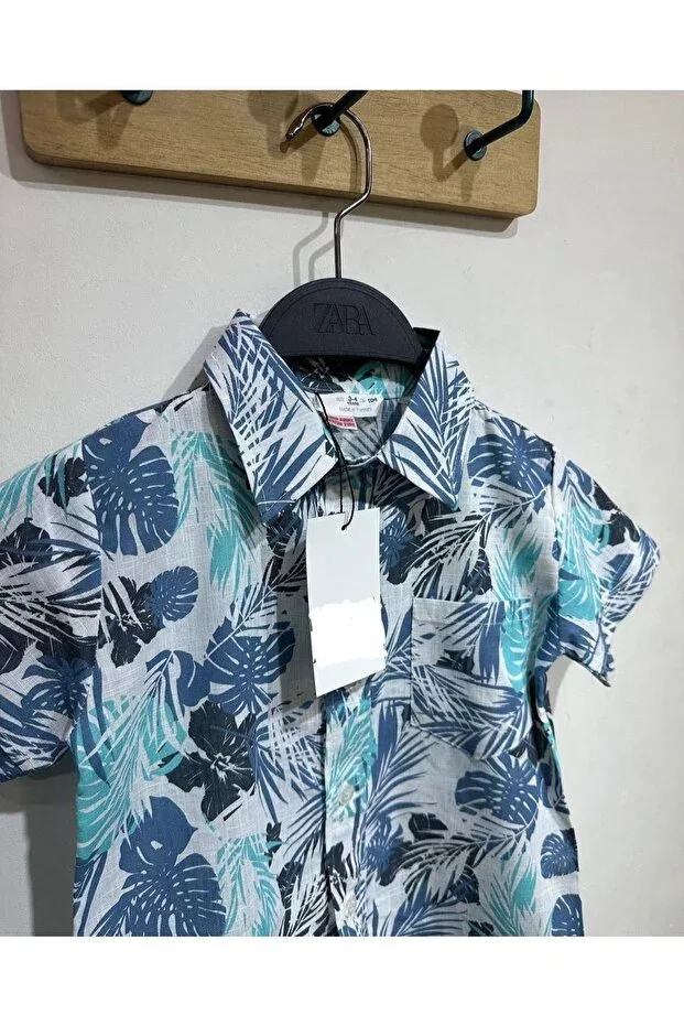 Детская рубашка для мальчиков с принтом Hawaiian Pink Hippo Kids, Blue — фото 2