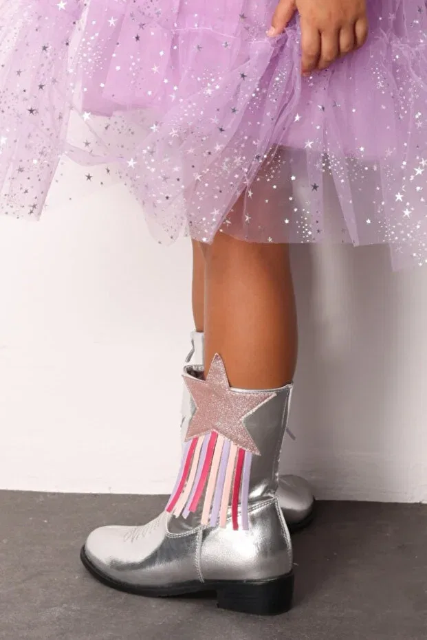Детские ботинки для девочек с принтом Cowboy Boots With Silver Star And Tassel Details Le Mabelle, Silver — фото 3