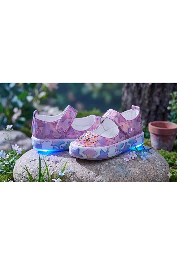 Детские балетки для девочек с принтом Hologram girls' ballerina casual shoes with lighted cat figure (light-free between sizes 31-35) Pabuçland, Pink — фото 2