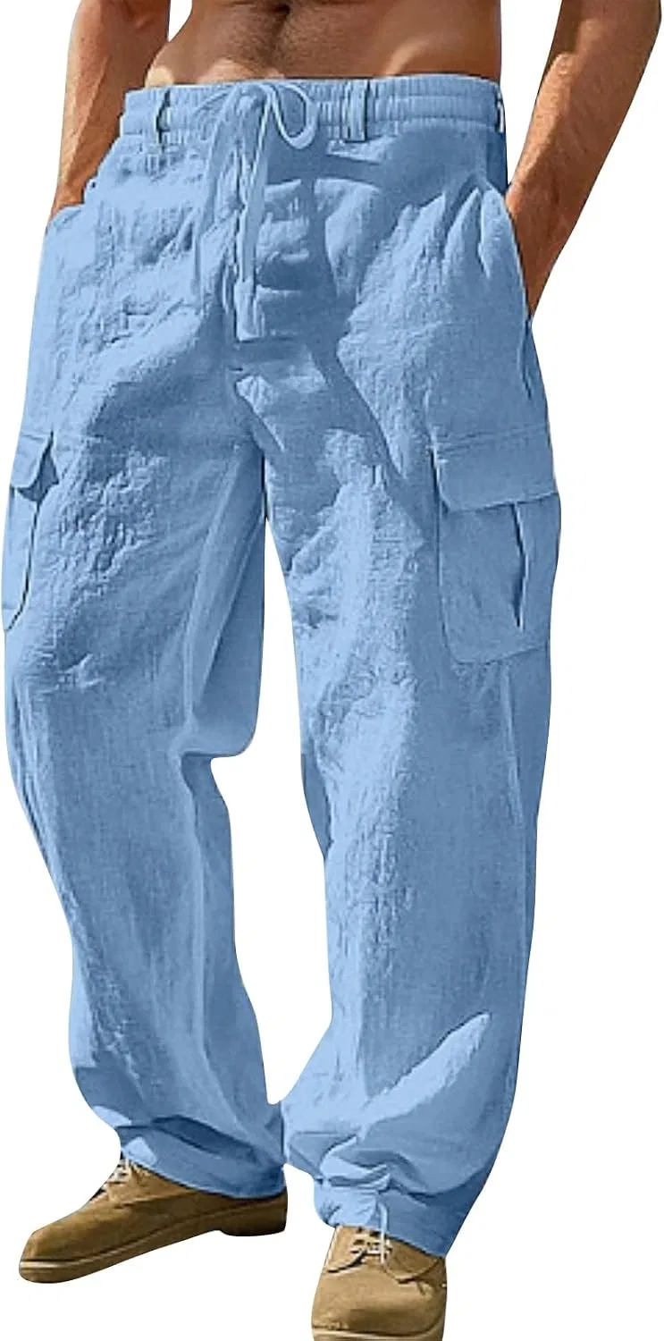 Мужские брюки свободного кроя из льна с завязками, Cargo Pants, голубой