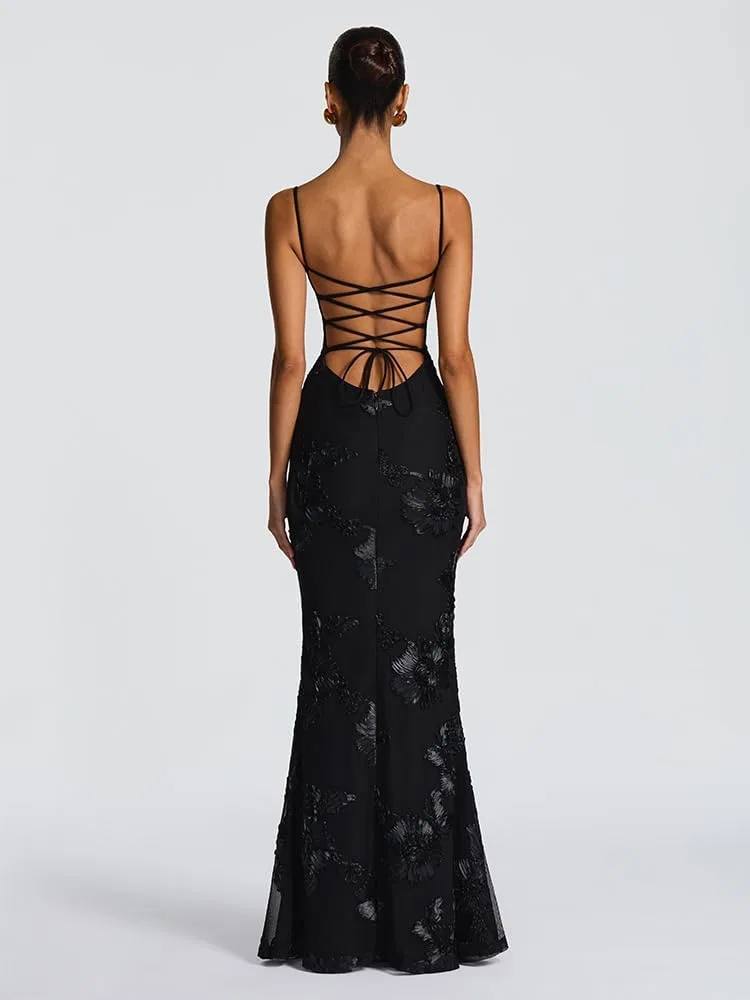 Женское вечернее платье-русалка с цветочной вышивкой Backless, Black — фото 4