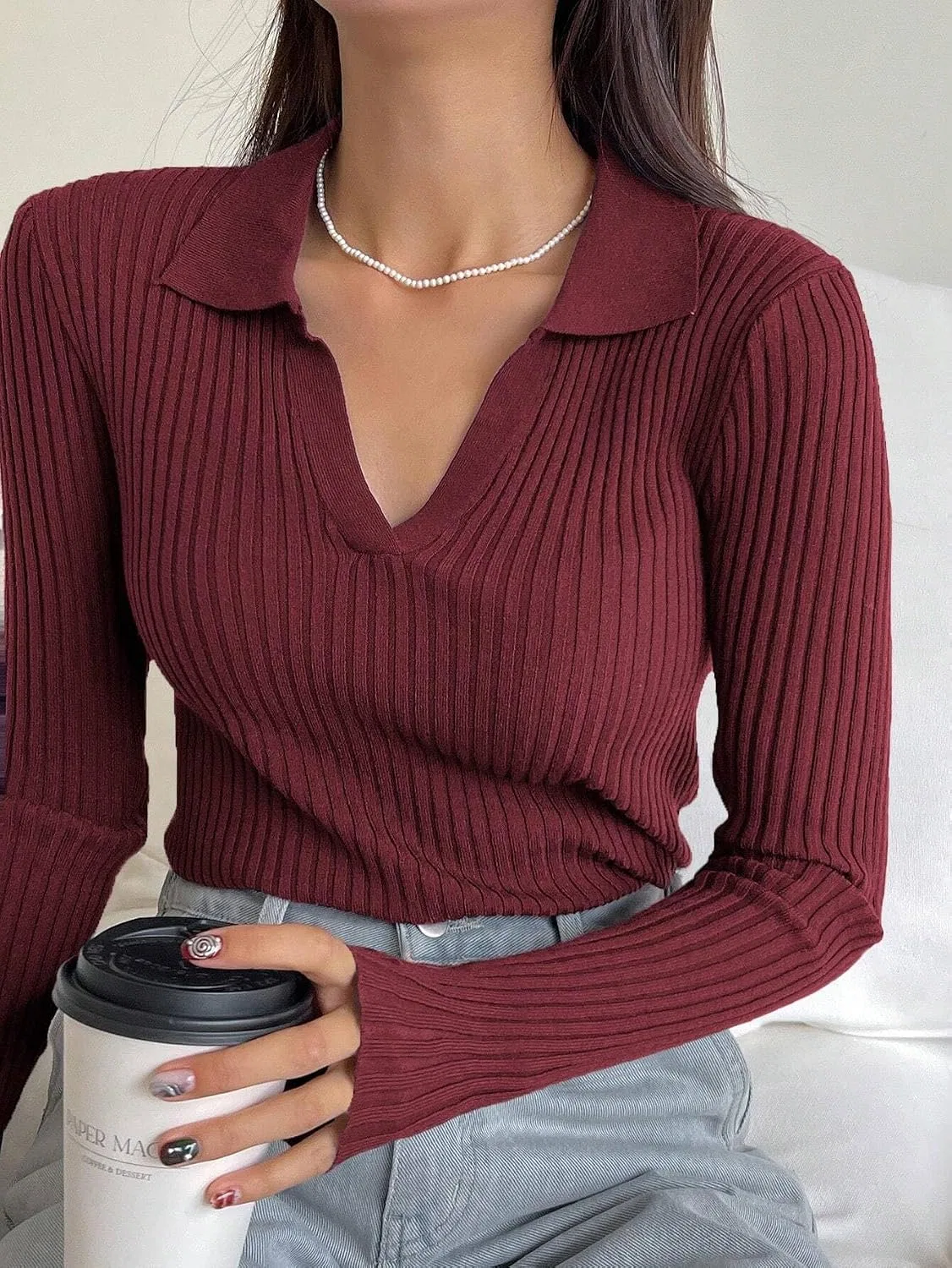 Женский свитер свободного кроя с длинным рукавом, Ribbed Crew Neck, красный — фото 4