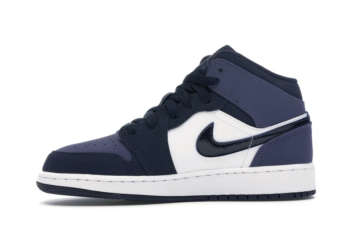 Детские кроссовки для мальчиков и девочек кожаные Jordan 1 Mid, Obsidian/Sanded Purple-White — фото 3