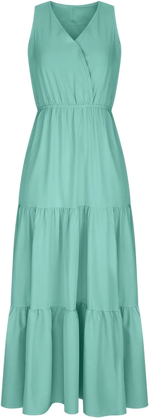Женское повседневное платье макси с V-образным вырезом, Mint Green — фото 3