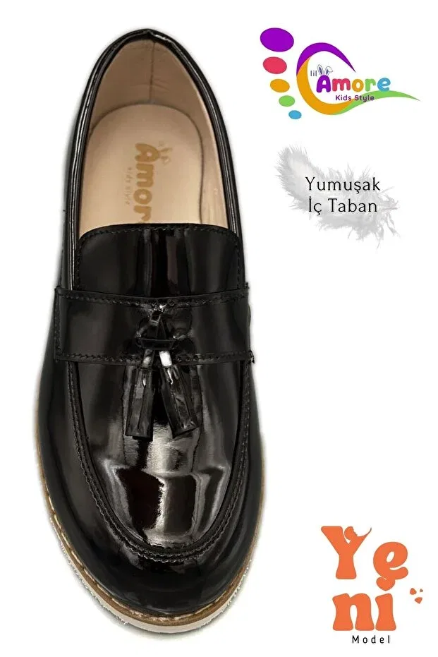 Детские туфли для мальчиков с коротким каблуком Corcik Moda Anna, Black Patent Leather White — фото 4