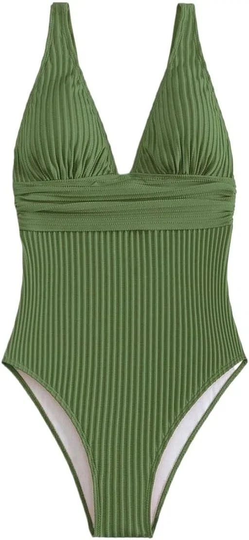 Женский цельный купальник с защипами V-образным вырезом, Army Green