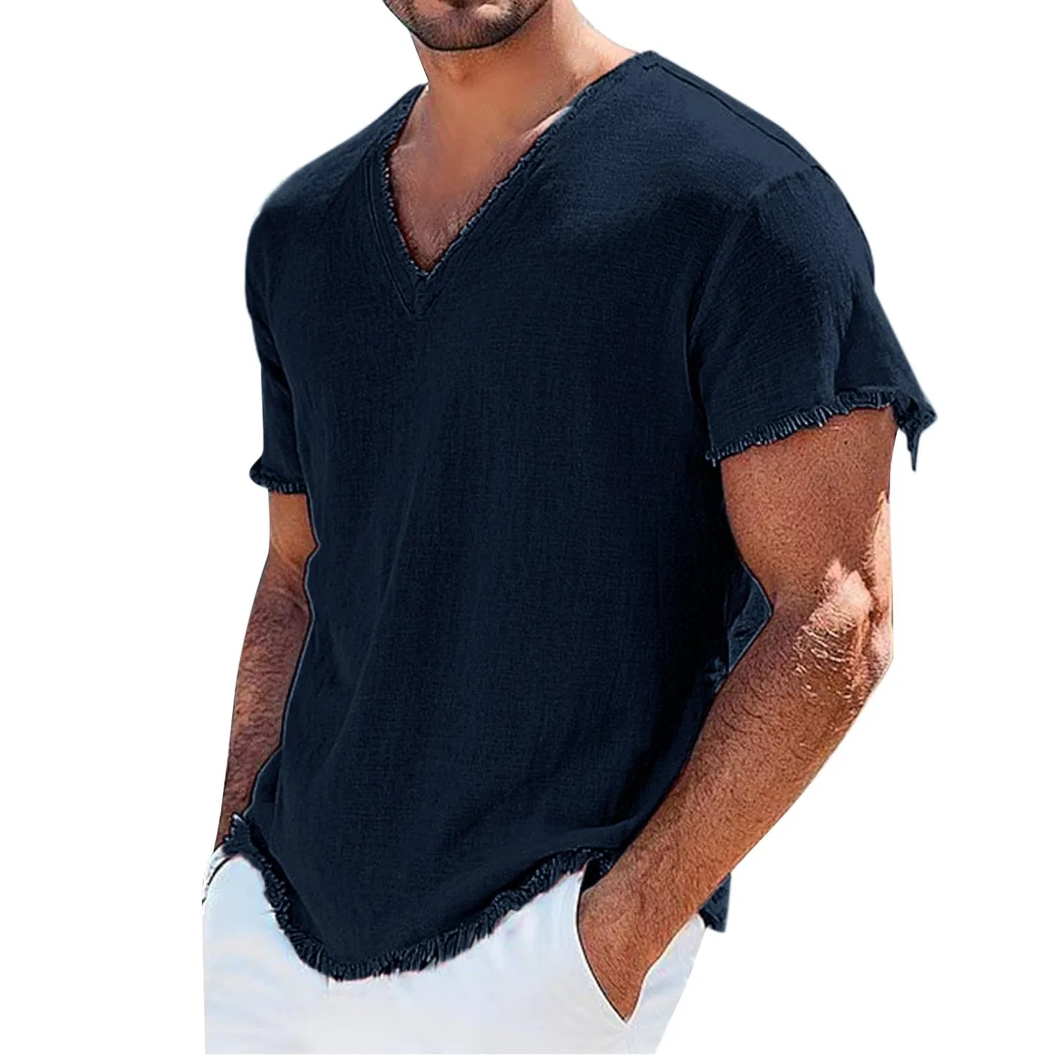 Мужская льняная футболка с V-образным вырезом и коротким рукавом, Dark Blue