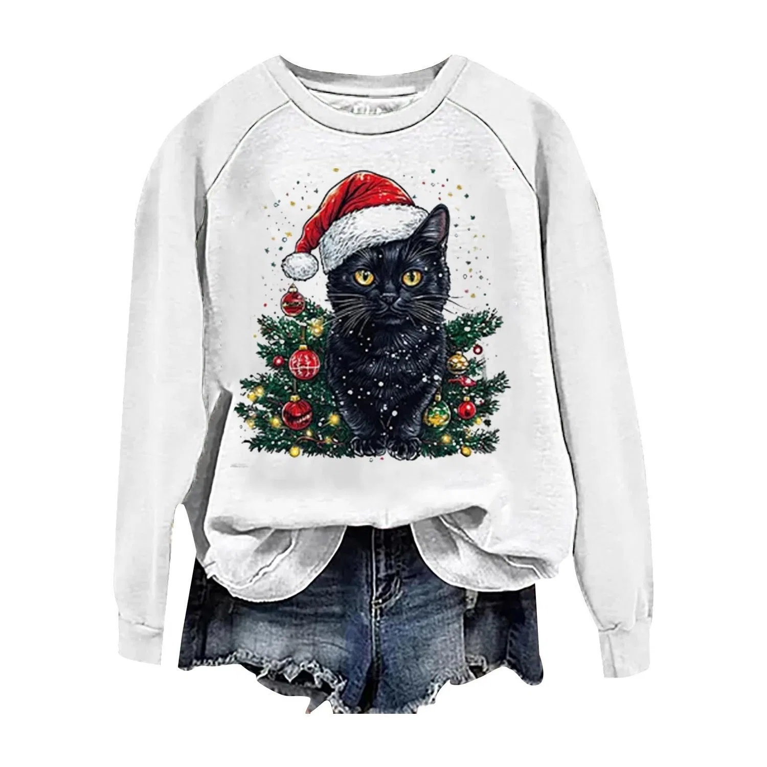 Женский свитшот с принтом Christmas Tree Funny Cat Say What Woman Pullover, Z11 White — фото 3