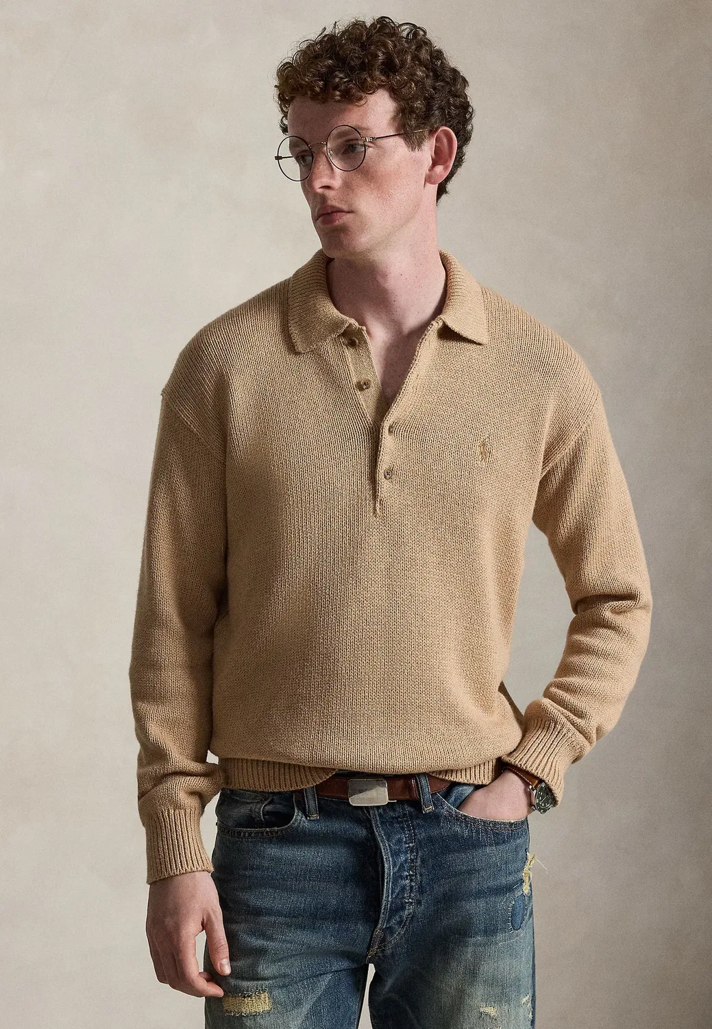 Вязаный хлопковый свитер с воротником-поло Polo Ralph Lauren, Camel Melange