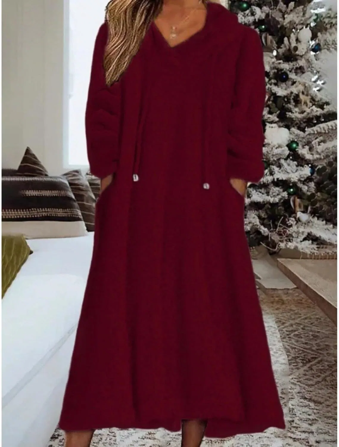 Женское свободное платье с капюшоном из флиса Generic, Claret — фото 2