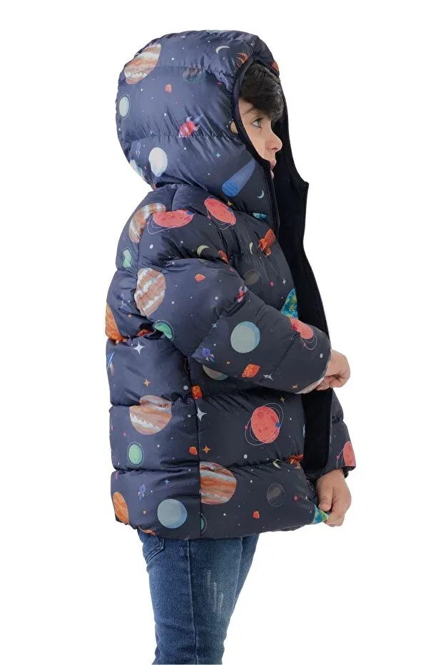 Детское зимнее пальто для мальчиков с принтом Boy'S Fleece Hooded Planet Star Patterned Winter Puffer Jacket & Coat & Parka Montstop, Beige — фото 2
