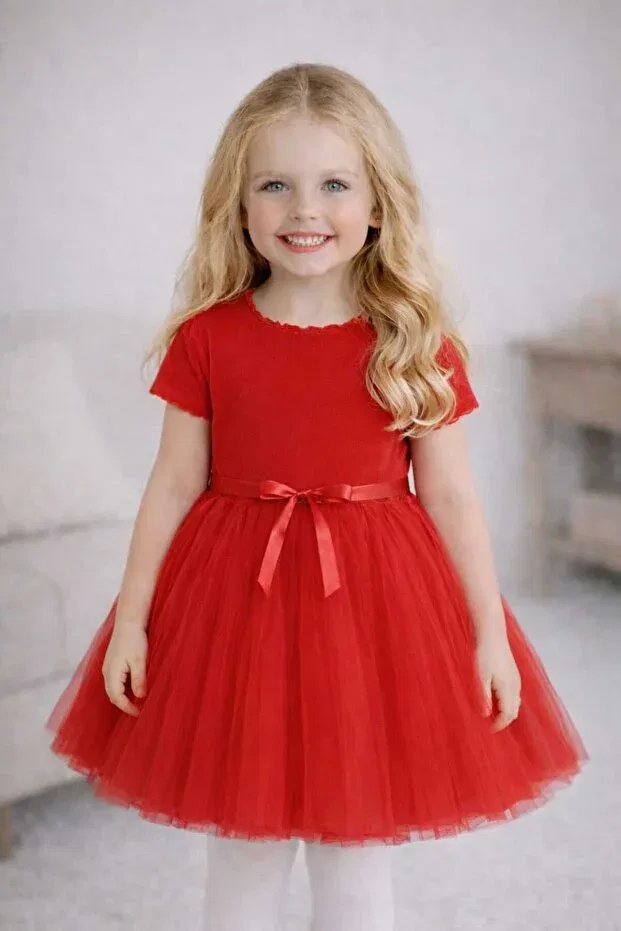 Детское платье для девочек с принтом Vera Short Sleeve Girls' Princess Fluffy Tutu Dress Plain Stretchy Lycra Red Tutu Dress Şirin Şeyler Butiği, Straight-Short-Red