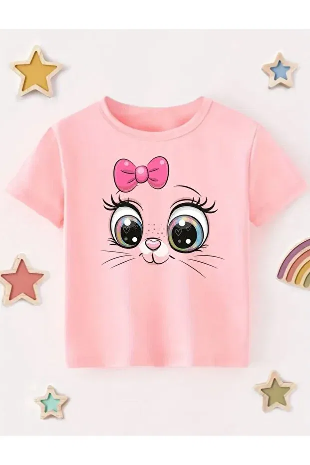Детская футболка для девочек с принтом Girl'S Buckle Sweet Cat Printed Pink Combed Cotton Morning Kids, Pink