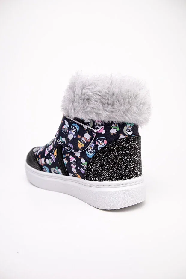 Детские ботинки для девочек с мехом Life girl's fur lined - printed light sole orthopedic boots Pingu, Black Penguin Print — фото 4