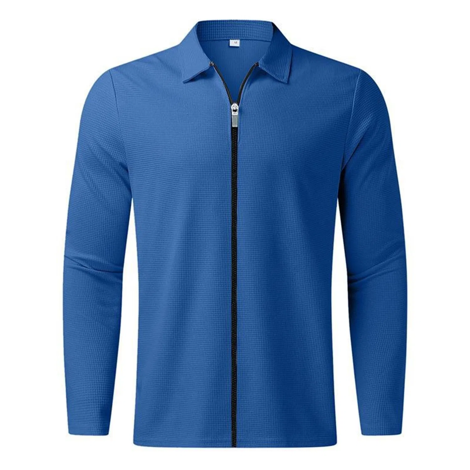 Мужская рубашка-поло с длинным рукавом, текстурированная, с рисунком соты, slim fit, Blue — фото 2