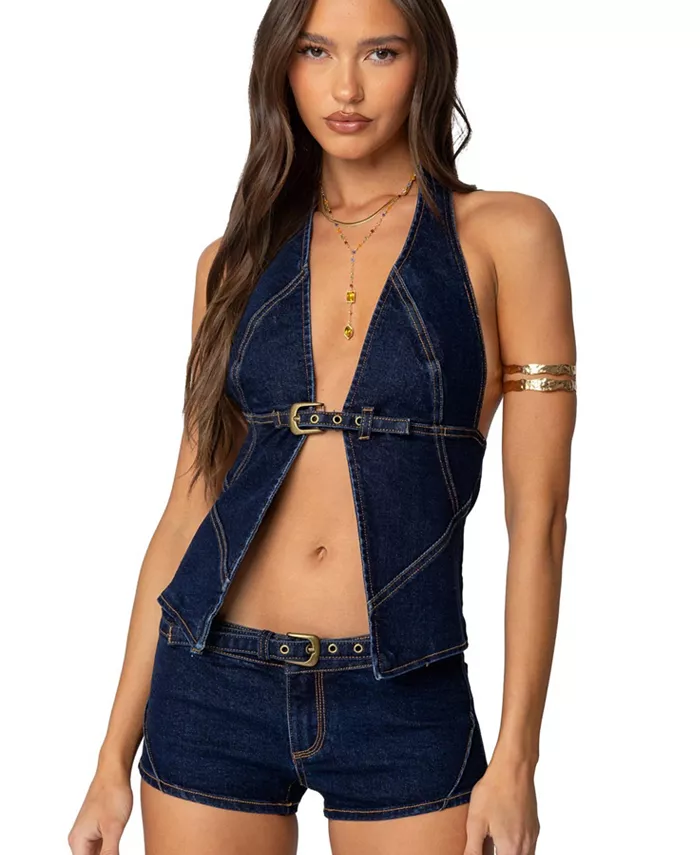 

Женский денимовый топ-халтер Ciel с разрезом спереди Edikted, синий