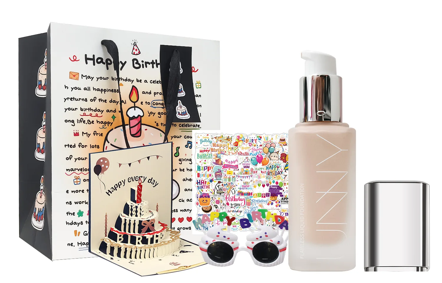 UNNY CLUB Набор косметики для женщин, Birthday Box (Dry Skin N01 Natural+Sunglasses+Greeting Card+Birthday Stickers)