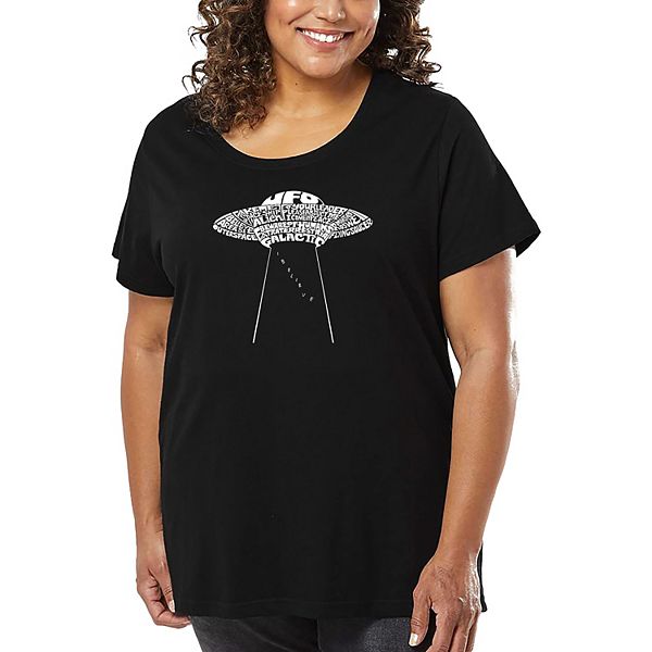 

Футболка с принтом для женщин plus size - летающая тарелка UFO La Pop Art, Black, Черный, Футболка с принтом для женщин plus size - летающая тарелка UFO La Pop Art, Black