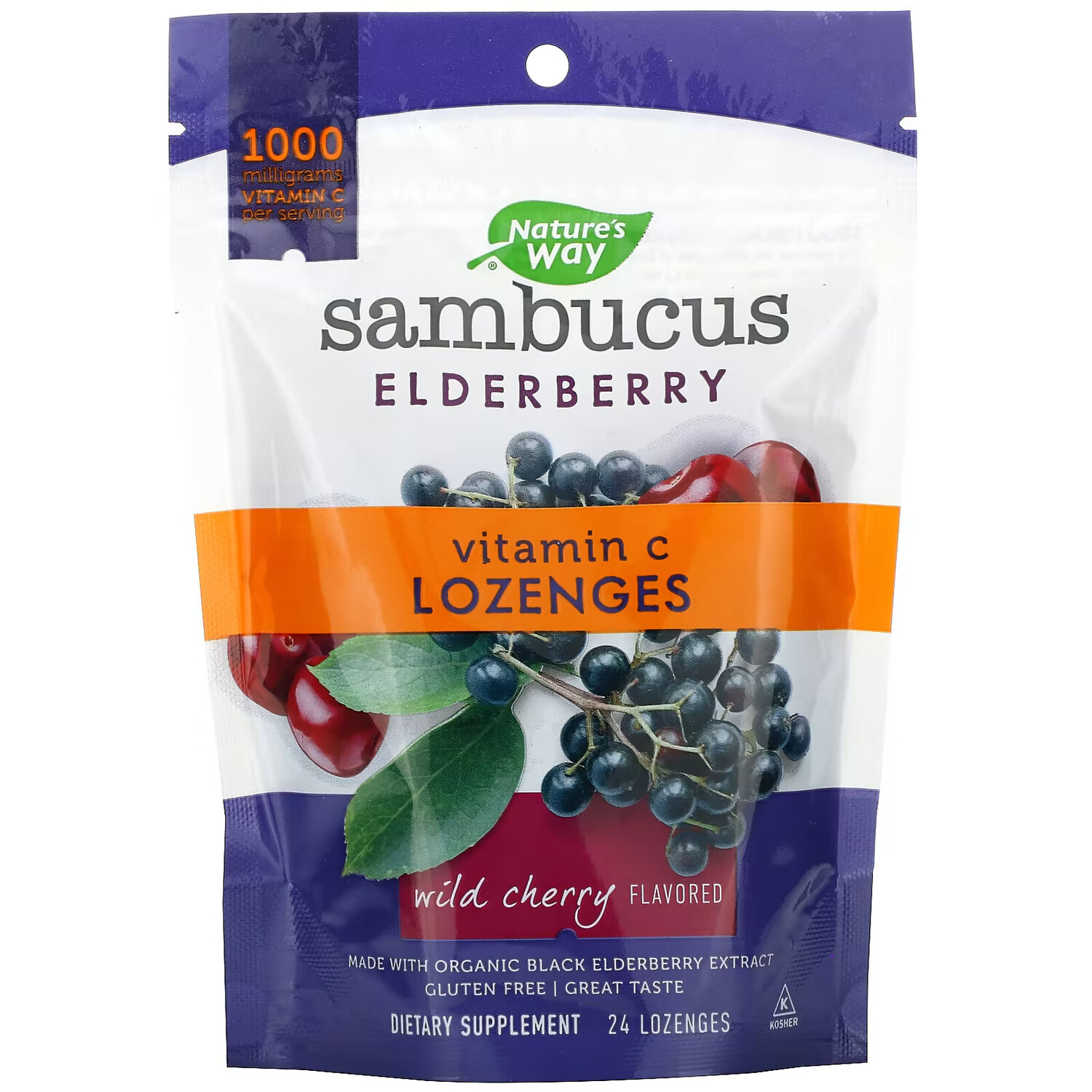 

Пастилки с бузиной и витамином C Nature's Way, Sambucus Elderberry со вкусом вишни, 24 пастилки