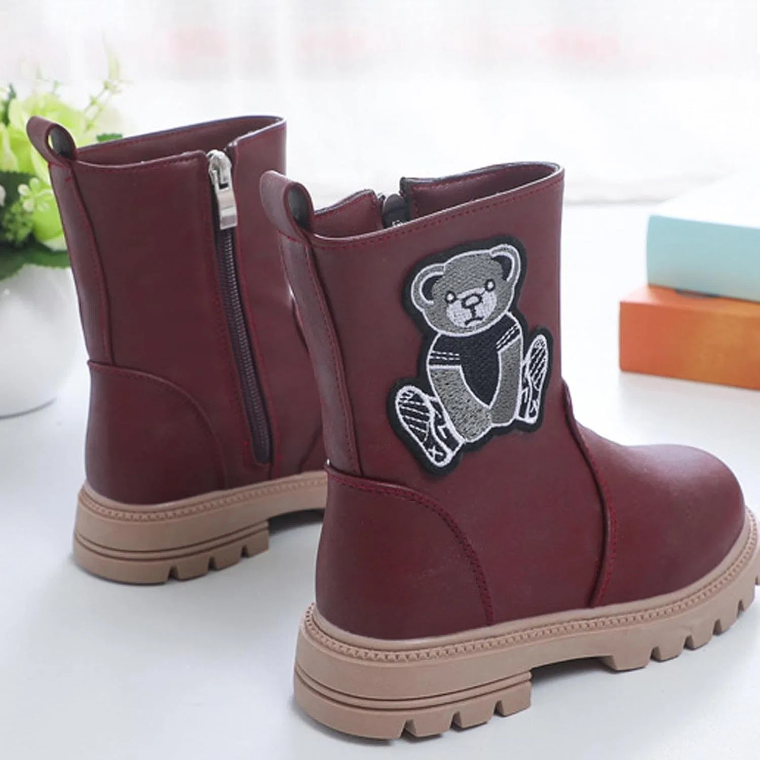 Детские сапоги для девочек с принтом медведя Mid Calf Cute Bear Zzalalana, Wine — фото 4