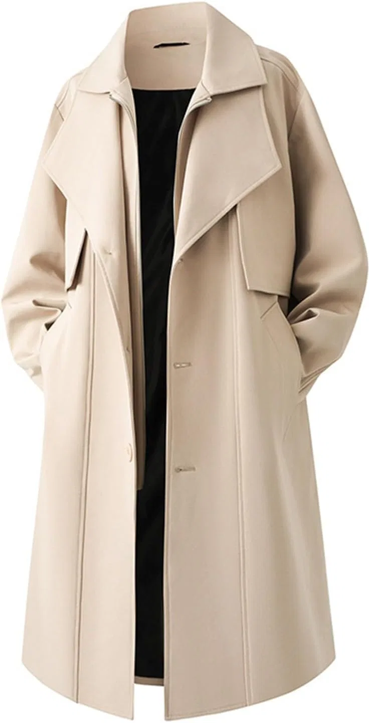 Мужское пальто-тренч из шерстяной смеси, с лацканами, однобортное, на молнии, длинное, с карманами, хаки