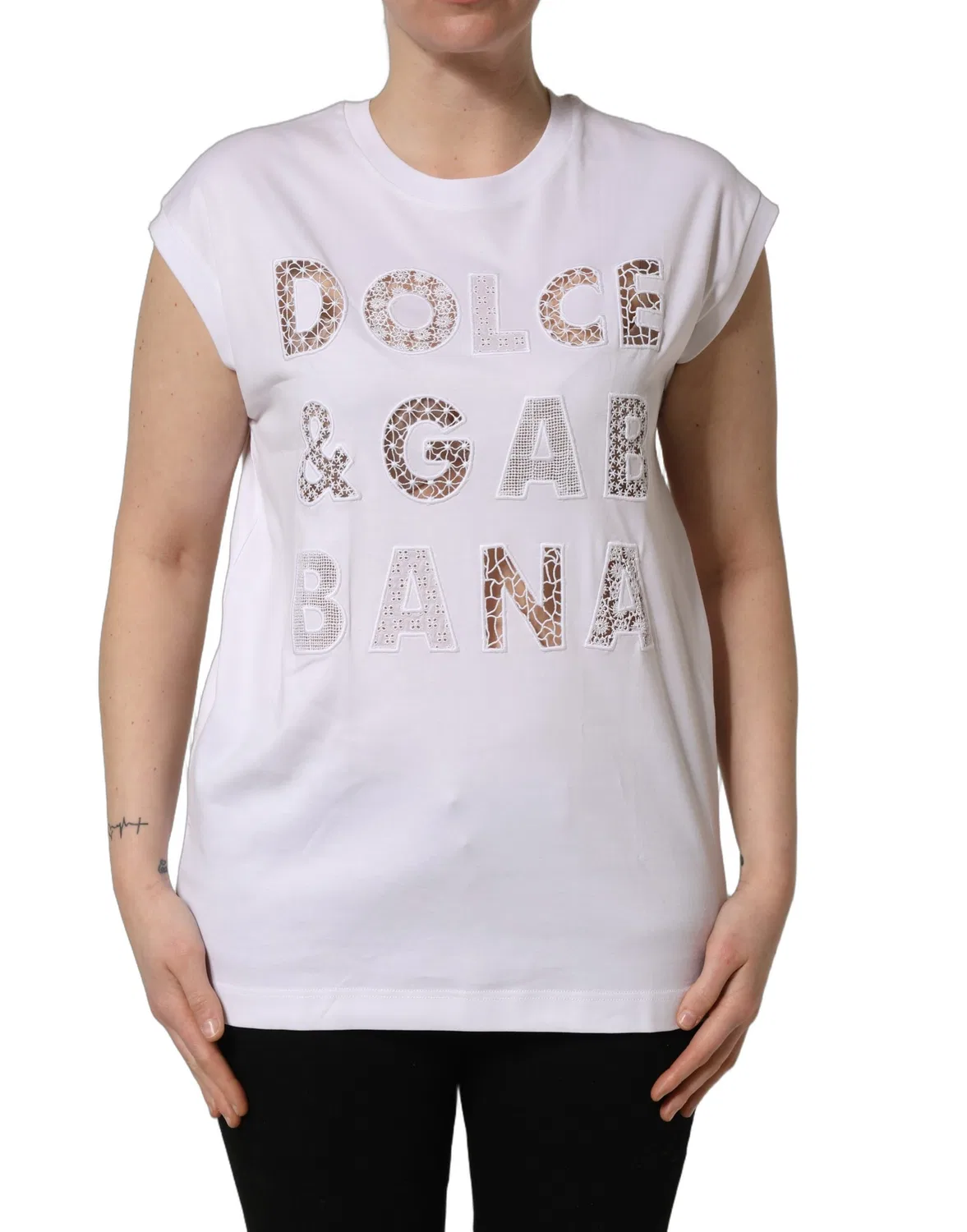 Женская футболка без рукавов с вырезом-лодочка и ажурной вставкой White Logo Round Neck Dolce & Gabbana, White — фото 2