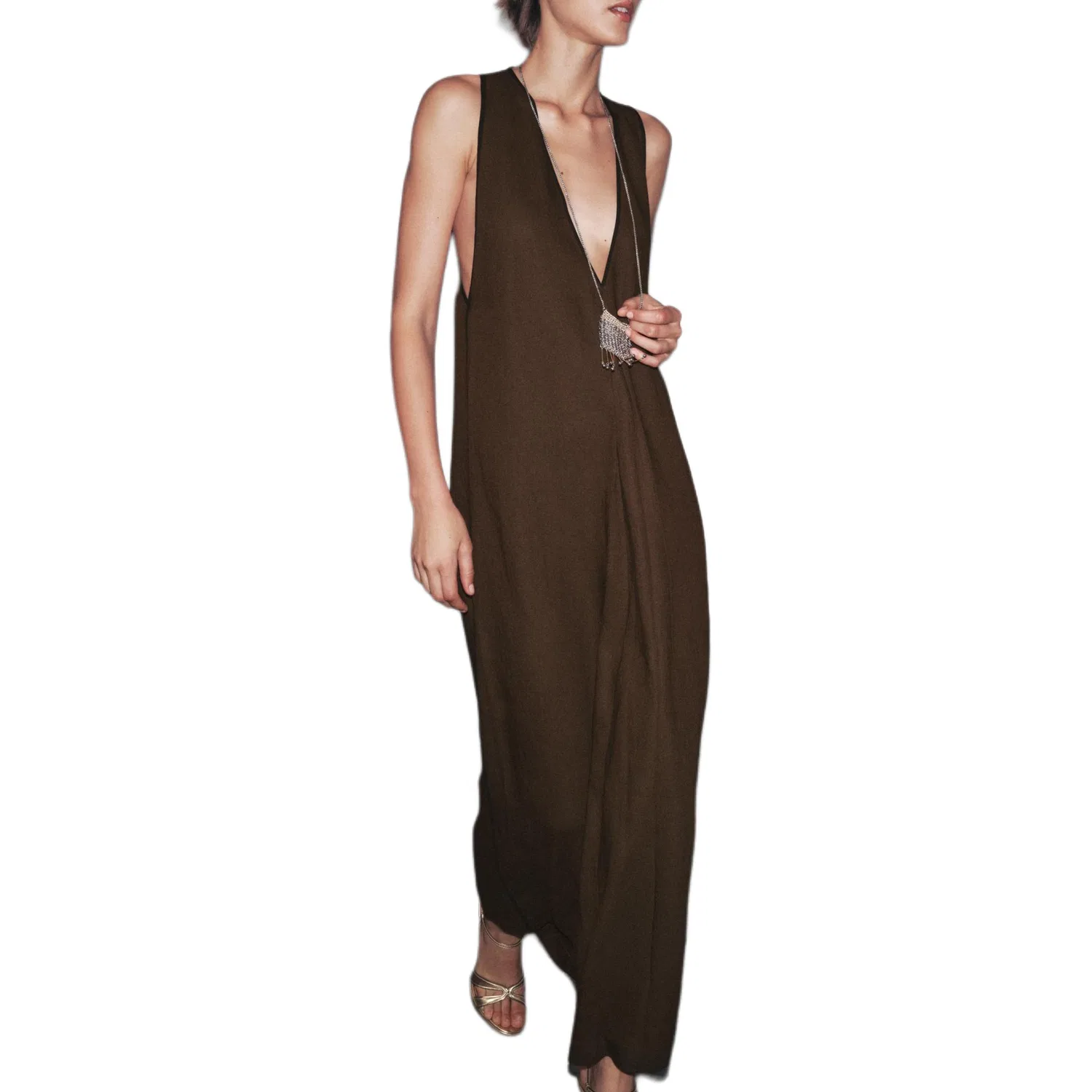 Женское платье без рукавов с V-образным вырезом Chocolate ZARA, Chocolate — фото 4