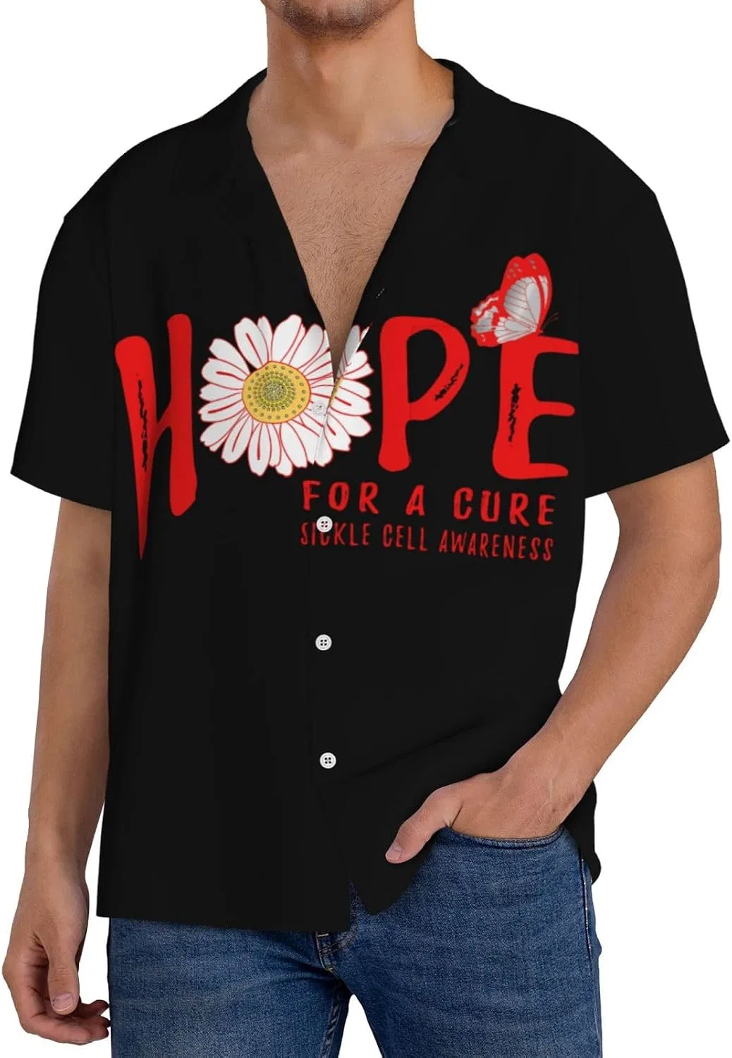 Мужская свободная рубашка с коротким рукавом и кубинским воротником, Sickle Cell Awareness Flower, Black