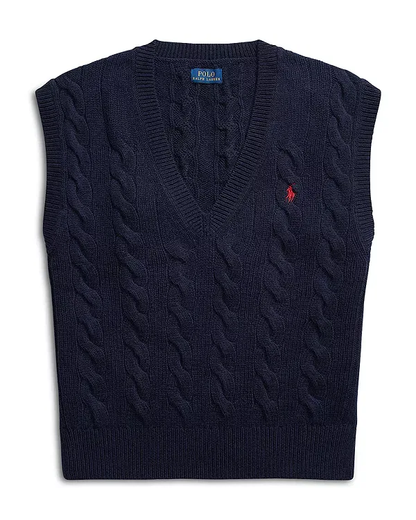 Женский свитер с V-образным вырезом Cable Knit Wool Cashmere Sweater Vest Ralph Lauren, синий — фото 3