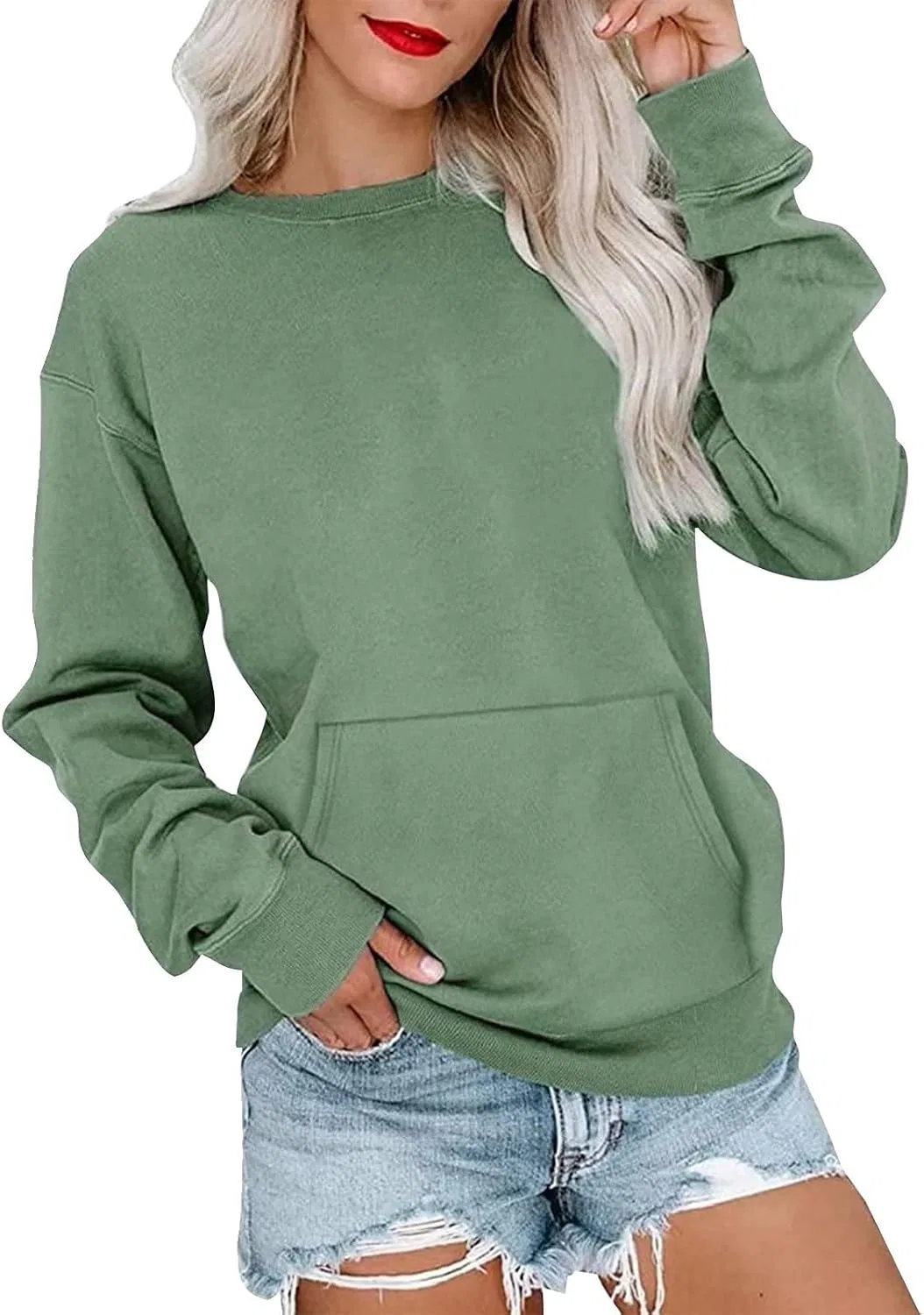 Женский свитшот без капюшона с карманами, Oversized, армейский зелёный