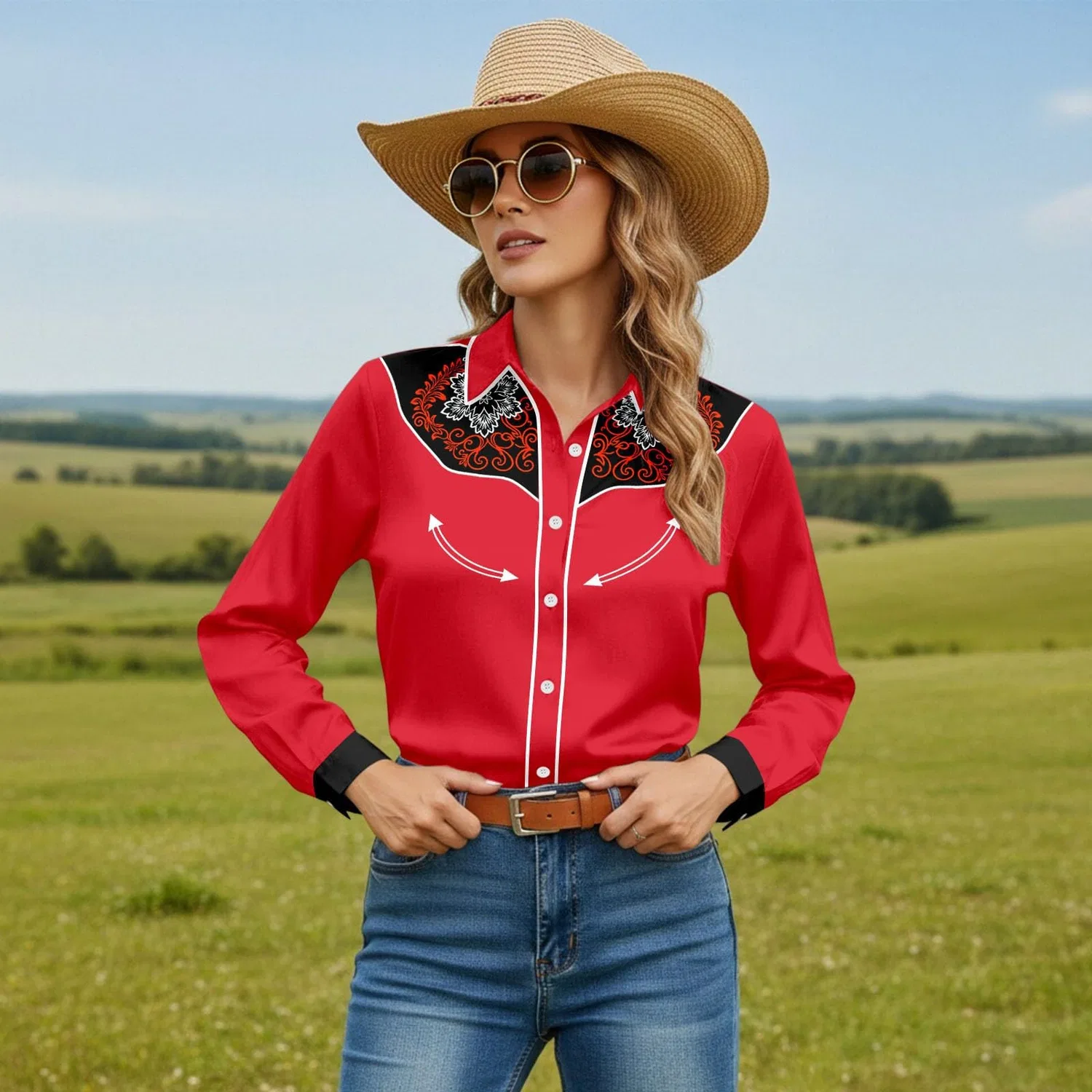 Женская блузка с вышивкой и принтом в стиле кантри, модель Western, Rosso — фото 2