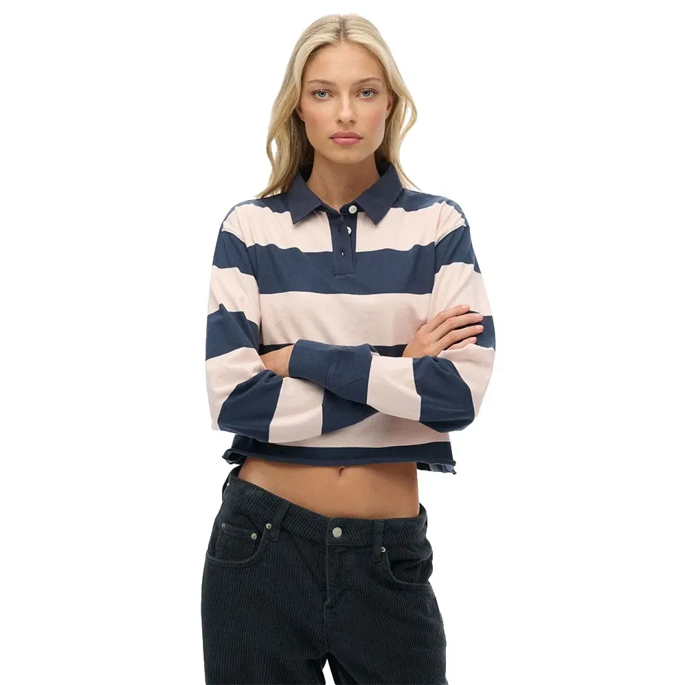 Лонгслив-поло Superdry Athletic Essential Cropped Stripe Rugby, синий