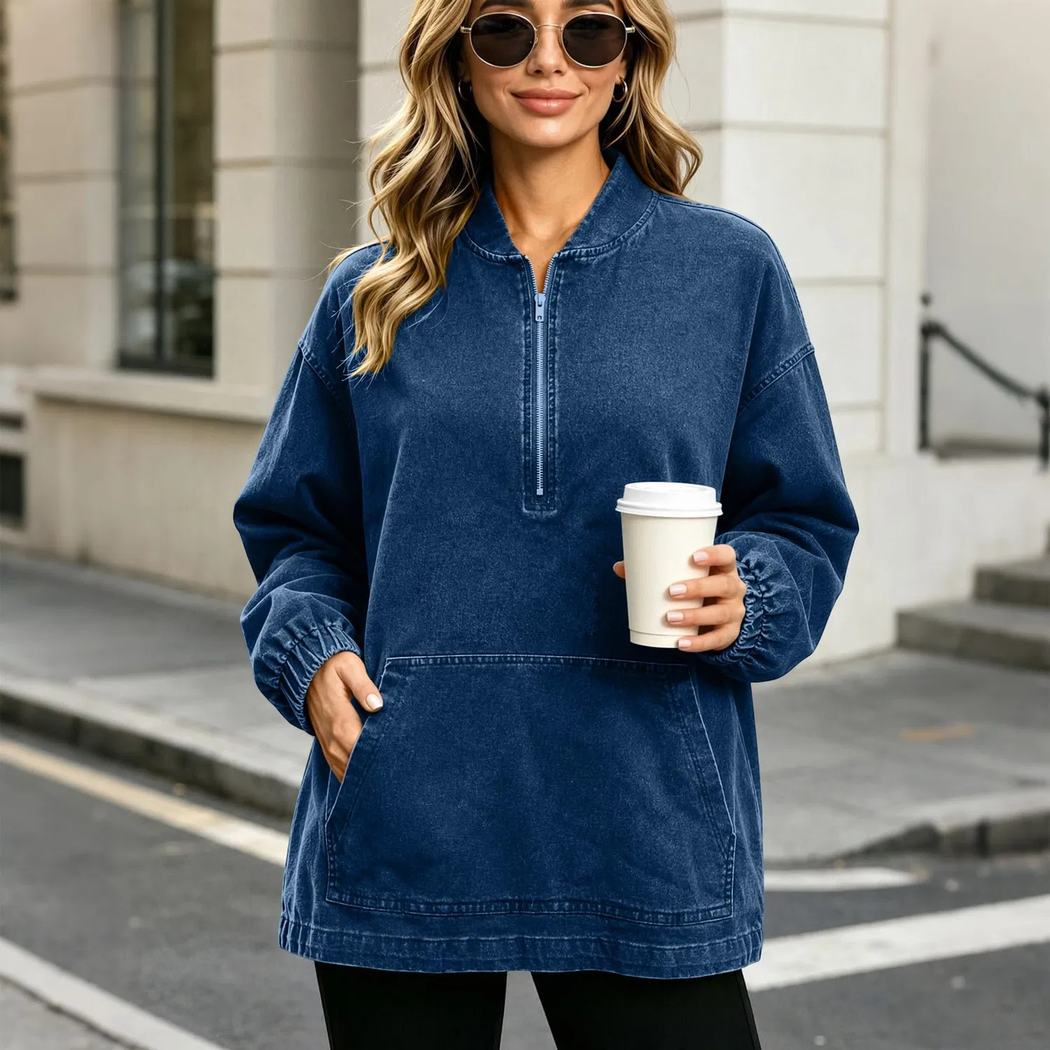 Женская джинсовая куртка с принтом UK 1/4 Zip Up Jean Trucker, Blu scuro 1 — фото 3