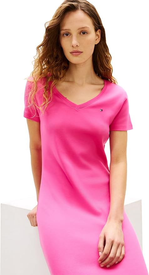 Платье-футболка Tommy Hilfiger Short Sleeve Cotton V-Neck, розовый — фото 3