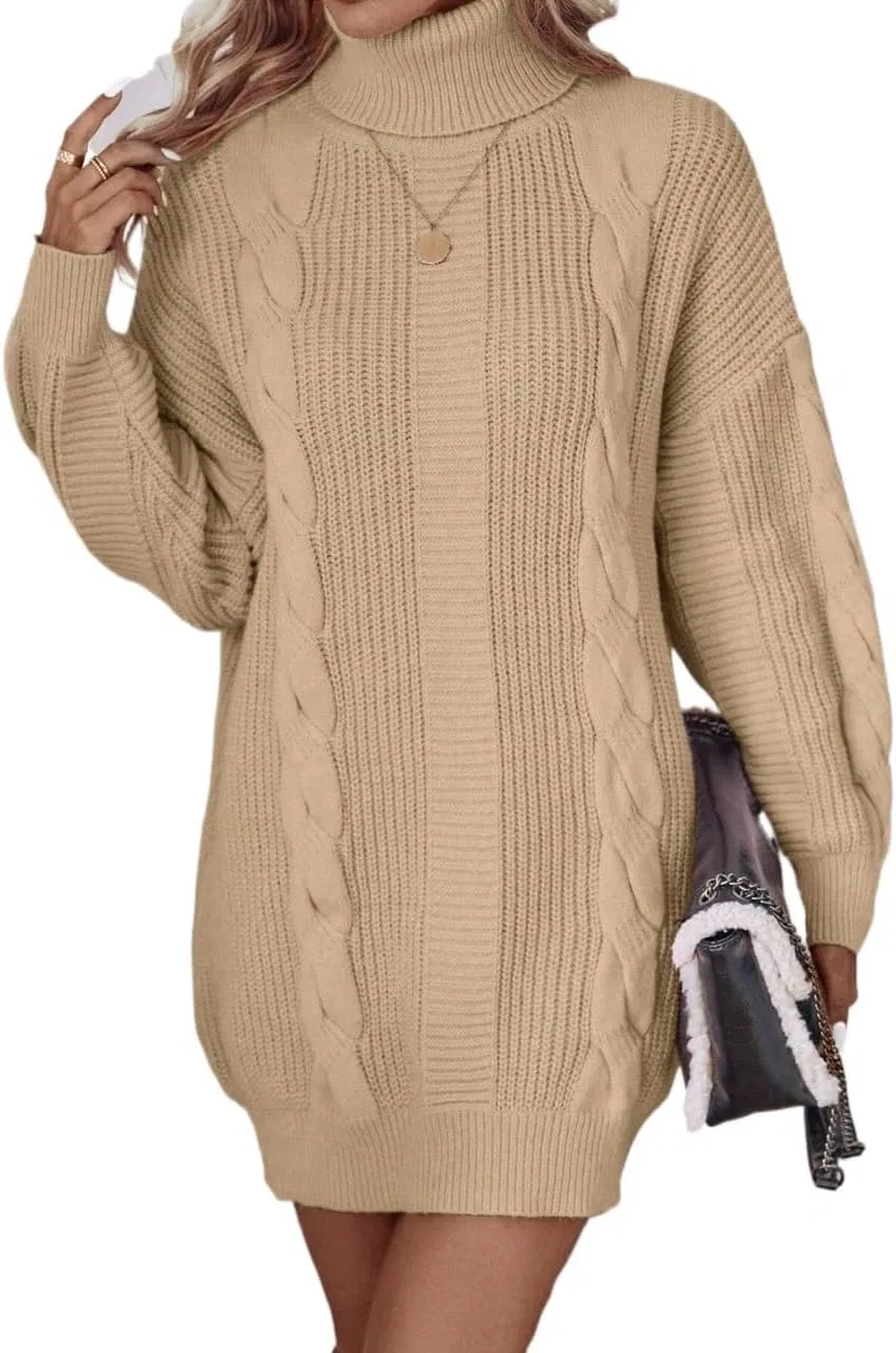 Женское повседневное платье с высоким воротом и косами, Drop Shoulder, Apricot