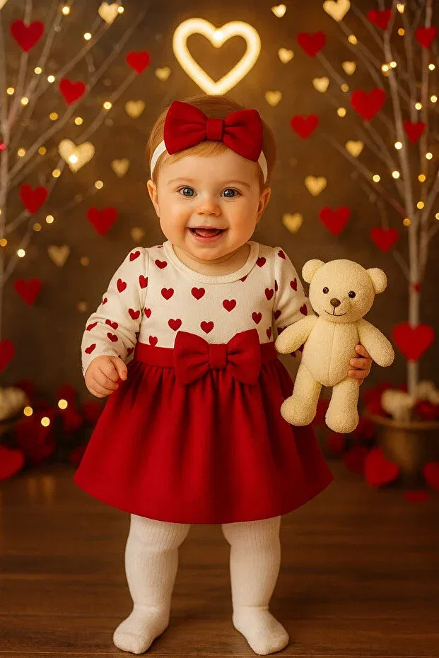 Детский комплект для девочек с принтом Heart Patterned Bebekpare, Red — фото 2