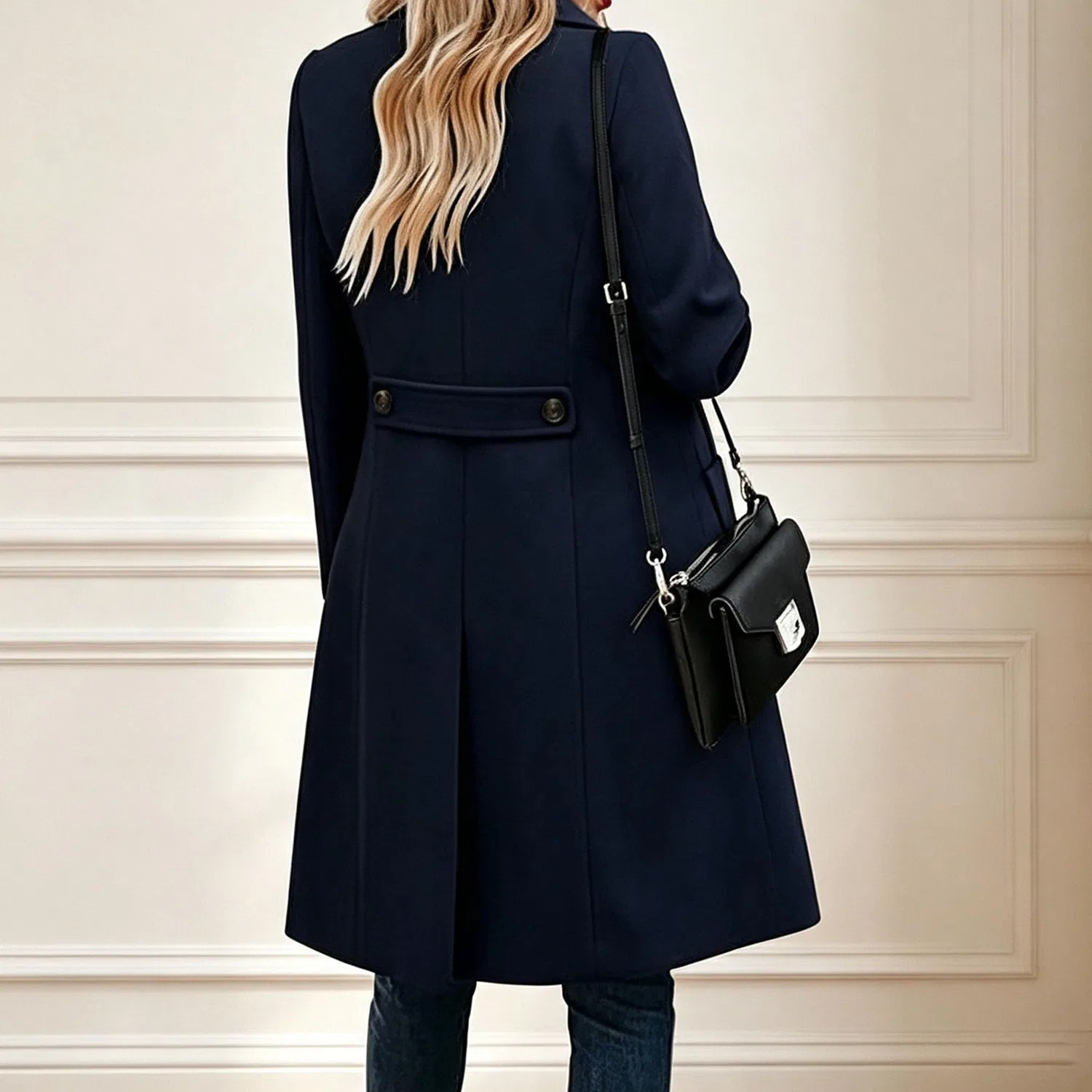 Женское двубортное пальто slim fit с длинным рукавом, Blu navy — фото 3