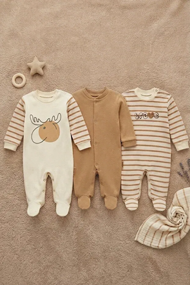 Детский комбинезон для мальчиков с принтом Deer patterned cotton 3-piece baby boy romper set Zumino, Beige