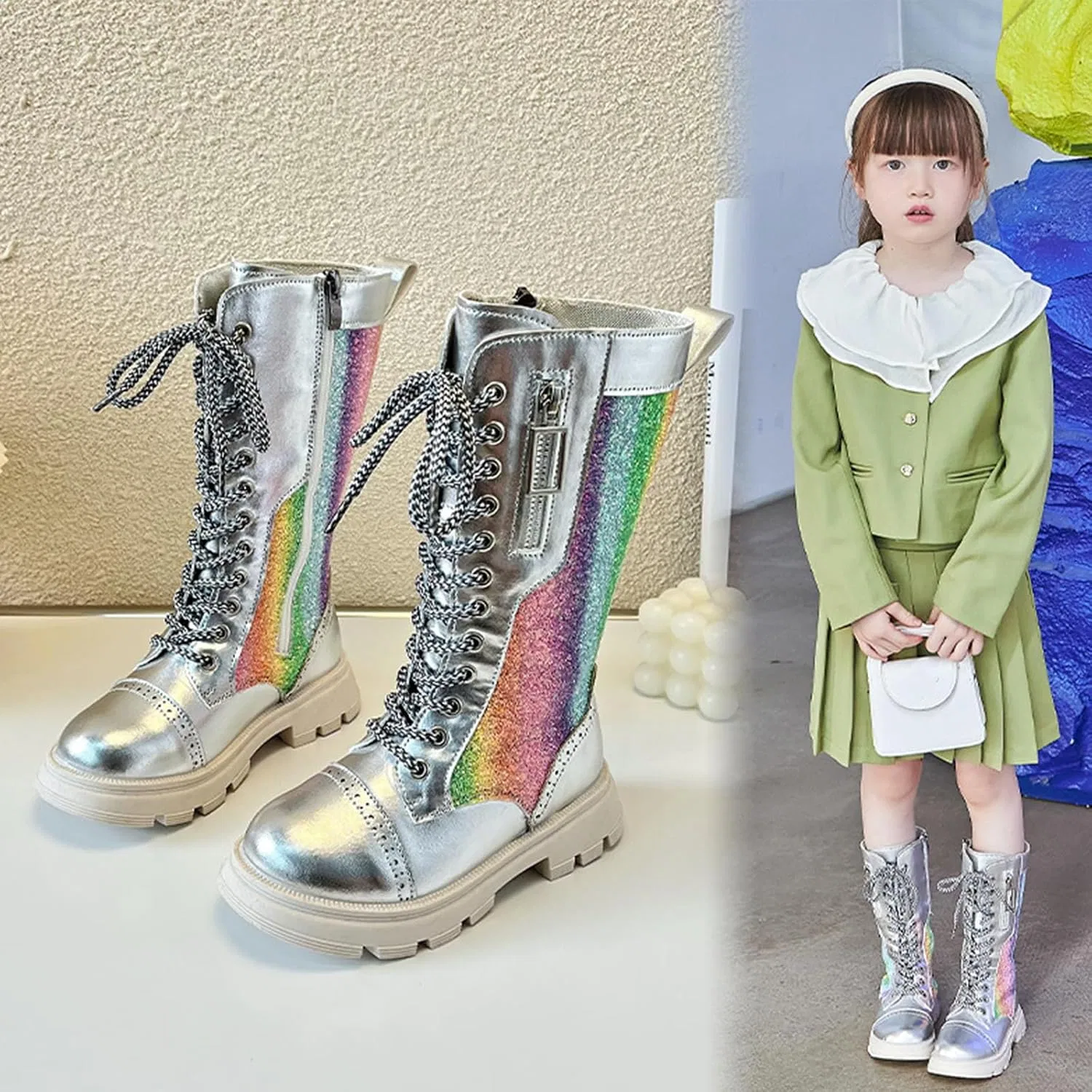 Детские кожаные сапоги для девочек на шнуровке с молнией GHIBHNA, Silver — фото 2