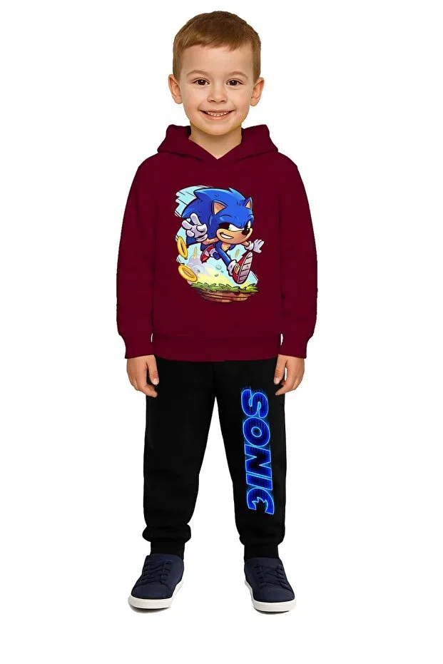 Детский комплект спортивного костюма для девочек с принтом Sonic 3 Thread Fleece-Lined Cotton Fabric Hooded Sedirli, Burgundy