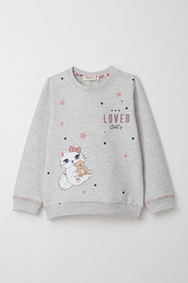 Детский спортивный комплект для девочек с принтом Girl'S tracksuit set with cute kitten print Breeze, Light Gray Melange — фото 2