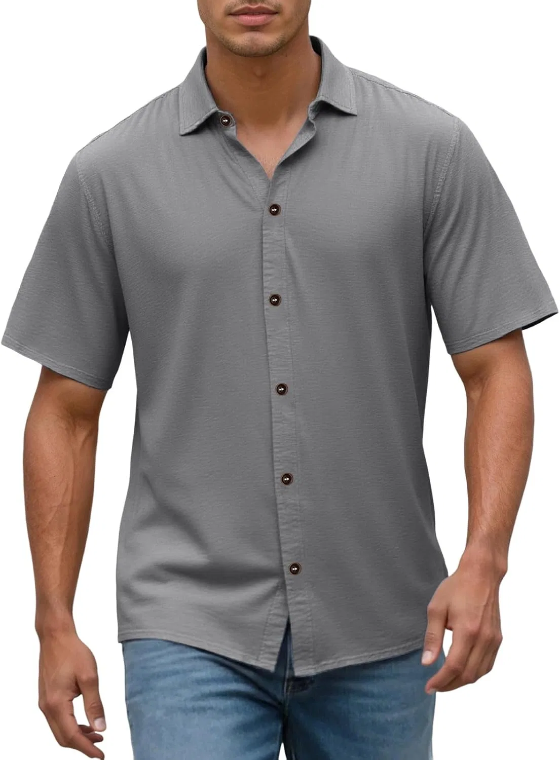 Мужская рубашка с коротким рукавом, slim fit, хлопковая, серый