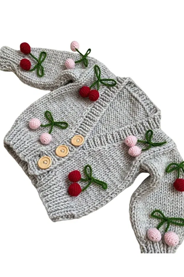 Детское вязаное пальто-кардиган для девочек с принтом Hand knitted cherry patterned baby girl cardigan El Örgüsü, Gray — фото 3