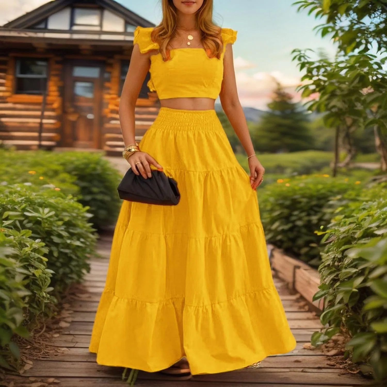 Женское пляжное платье-макси свободного кроя Two Piece Dress Set, Yellow — фото 2